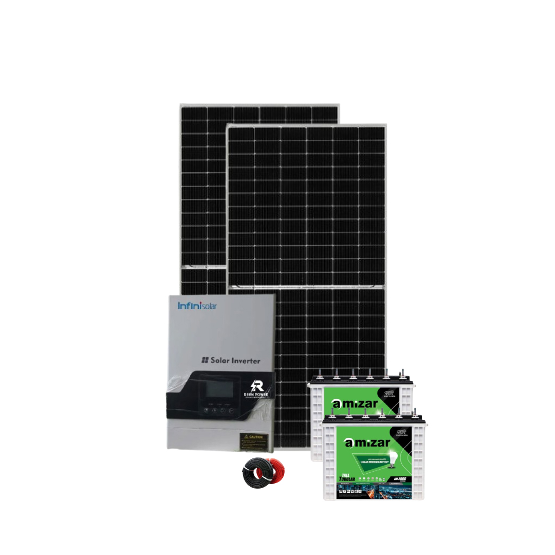 InfiniSolar Hybrid 1.2kVA Solar Kit (2 × 200Ah Amizar Tubular Batteries + 2 Panels + Free 20m Cable)