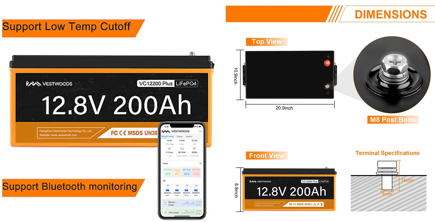 2.56kWh 12.8V 200Ah Vestwoods Lithium Battery – VC12200PLUS (LiFePO₄ Cells) - Image 3