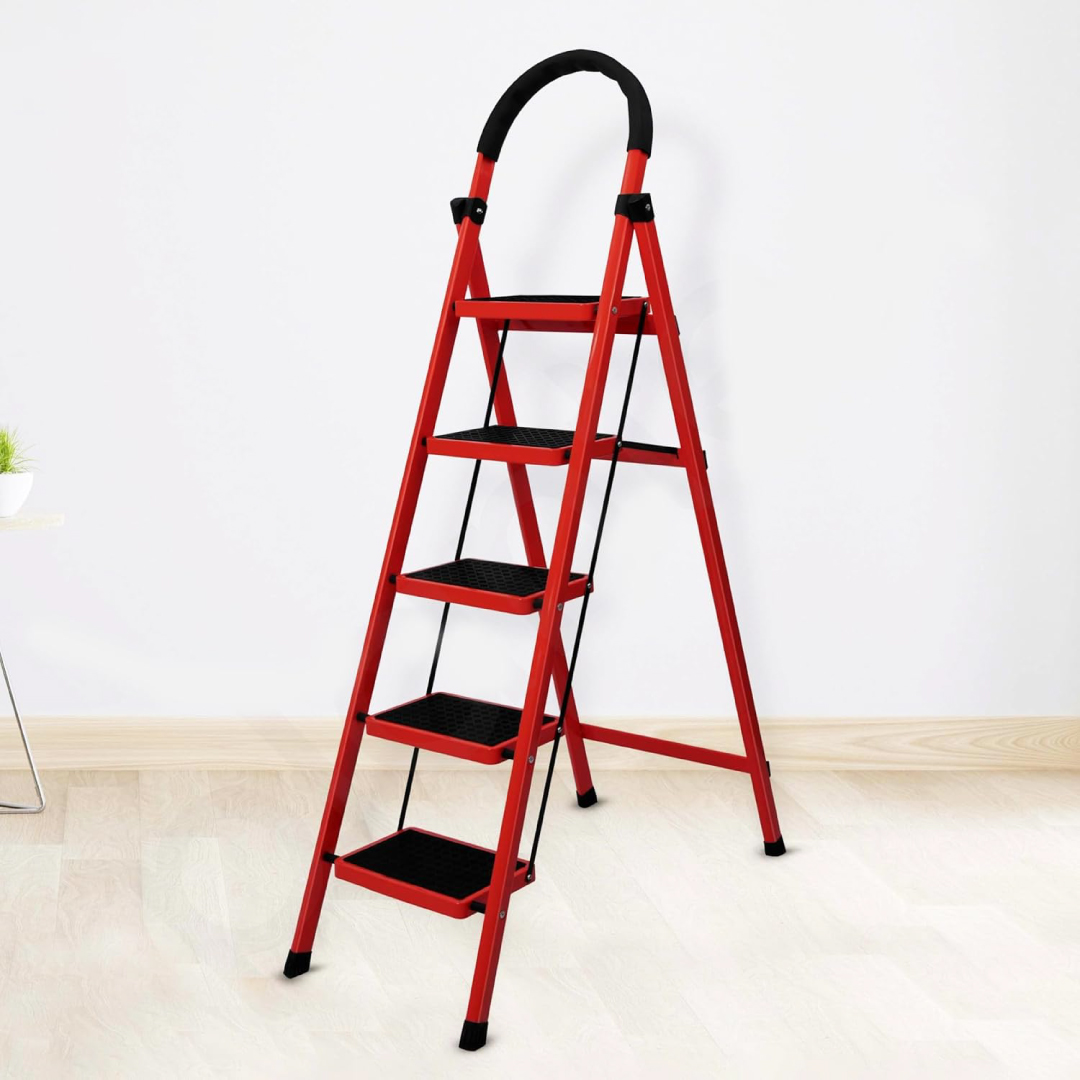 5-Step Red Foldable Heavy-Duty Ladder - Image 2