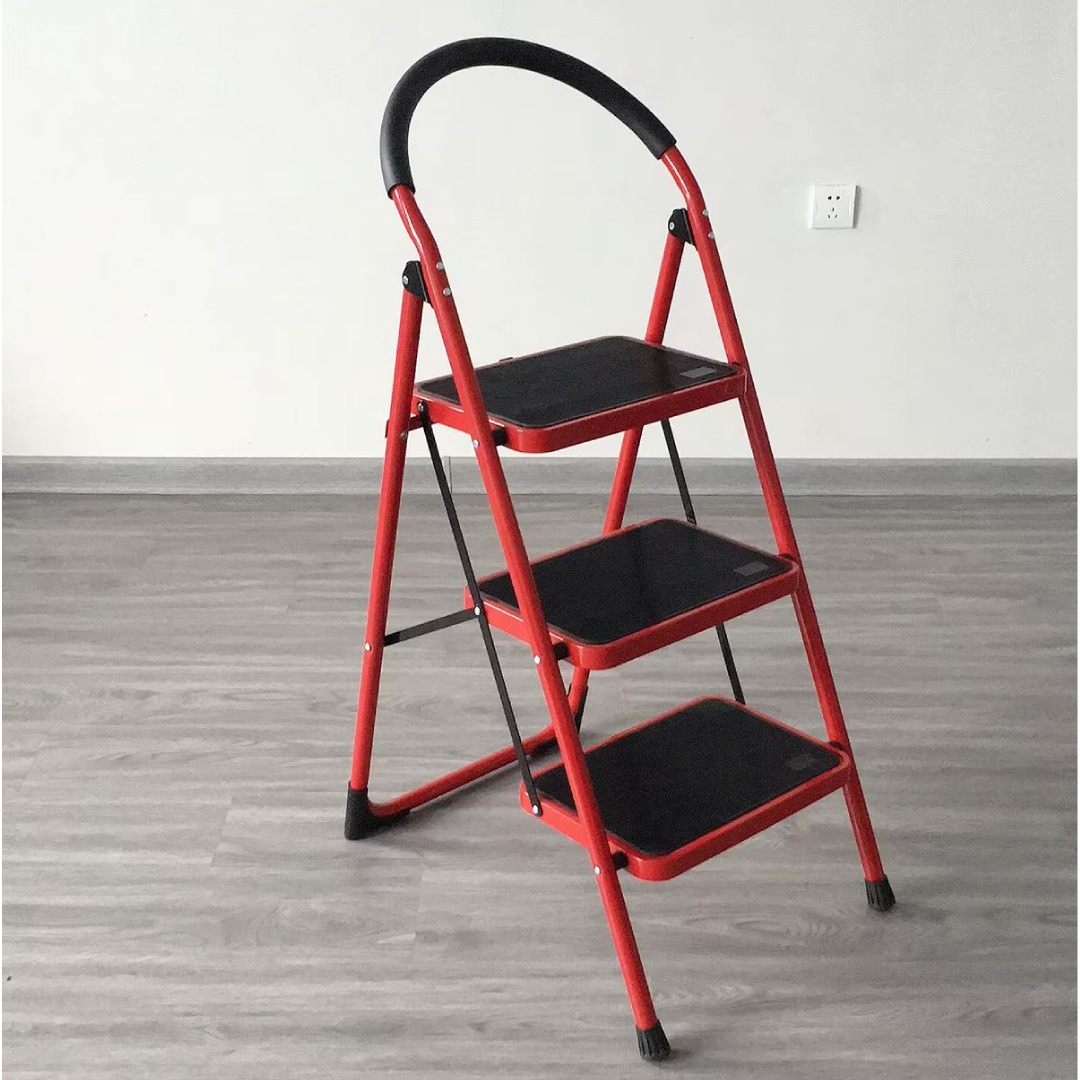 A-Type 3-Step Steel Ladder – Red - Image 2