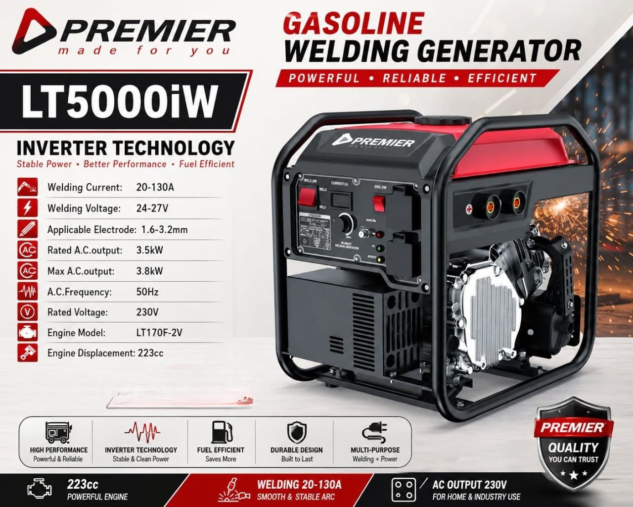 3.8kW Premier LT5000iW Gasoline Inverter Welding Generator